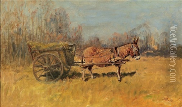 Donkey With Hay Cart Oil Painting - Geza Meszoely