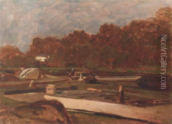 Boats At Dock Along The Riverbank Oil Painting - Emil Jacob Schindler