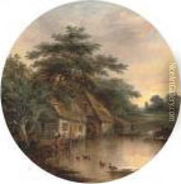 A Milkmaid By A Watermill; And Cattle Watering In A Riverlandscape Oil Painting - Robert Burrows