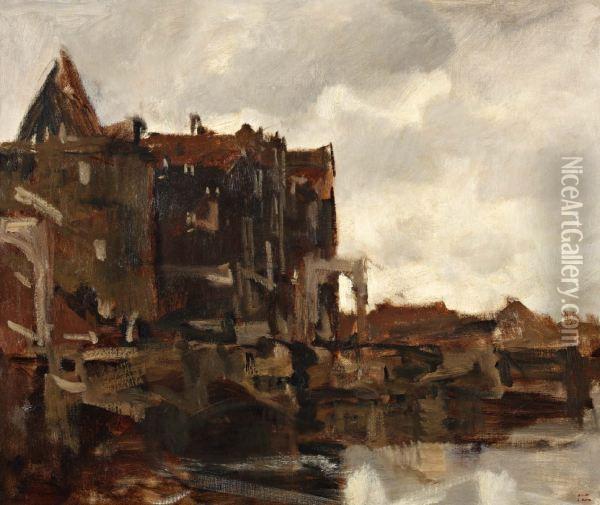 Huizen Aan De Gracht Oil Painting - Jacob Henricus Maris