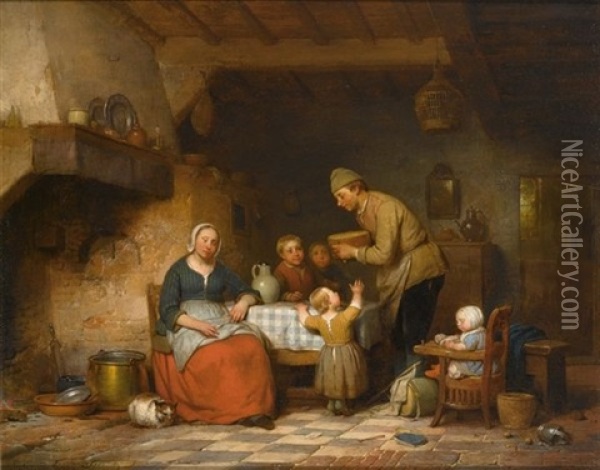 A Peasant Family Gathered Around The Kitchen Table Oil Painting - Ferdinand de Braekeleer the Elder