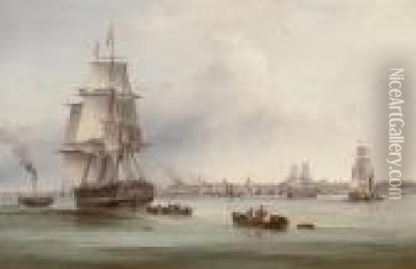 The Three-masted Merchantman 
Thames 
 Under Tow Off Gravesend Oil Painting - Samuel Walters