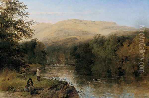 Fishing in a Mountainous Landscape Oil Painting - Henry Thomas Dawson