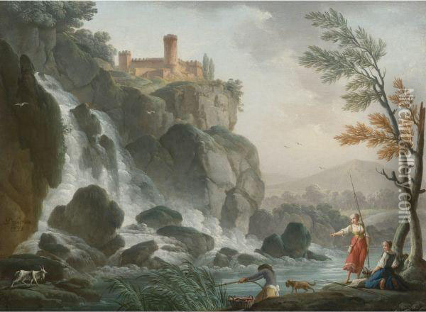 Fishing At The Edge Of A River With A Waterfall, Below Acastle Oil Painting - Charles Francois Lacroix de Marseille