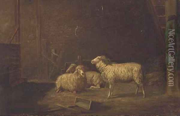 Sheep in a stable Oil Painting - Theo van Sluys