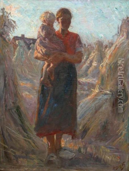 Moeder Met Kind Op Het Veld - Mere Et Enfant Au Champ. Oil Painting - Henri Jean Luyten