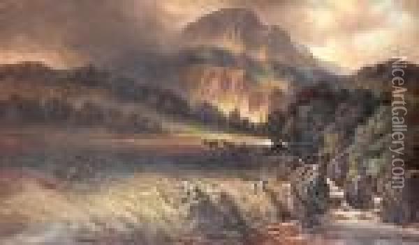 Highland Landscape With Stag And Deerstalkercrouching Behind A Rock Oil Painting - Clarence Roe