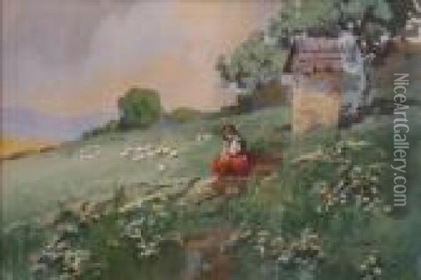 Woman On Hillside With Geese Oil Painting - Antal Neogrady