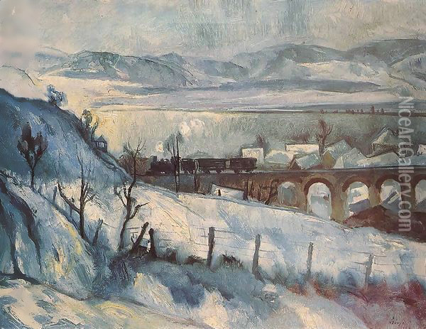 Viaduct (Winter Landscape with Railway) 1927 Oil Painting - Istvan Desi-Huber