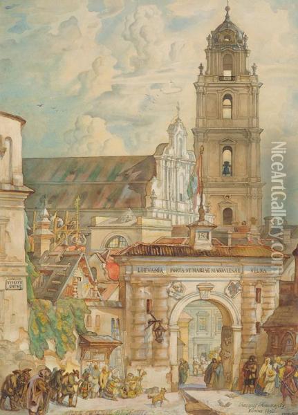 Vilnius Old Town Oil Painting - Juozas Kamarauskas