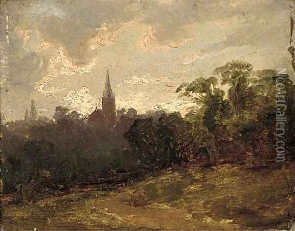 A wooded landscape with a church beyond Oil Painting - Thomas Churchyard