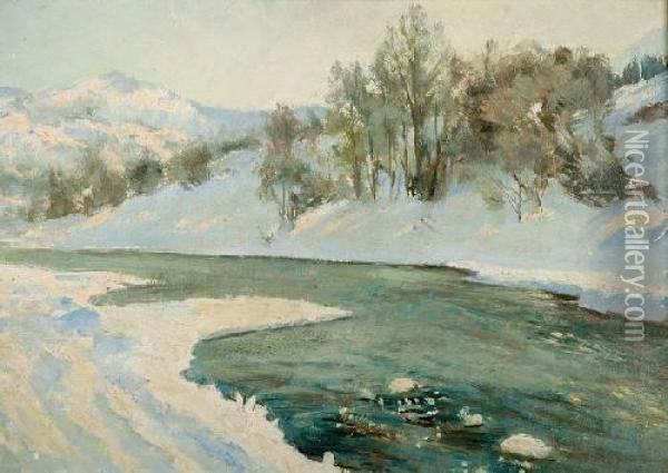 Pejzaz Zimowy Z Rzeka Oil Painting - Stefan Filipkiewicz