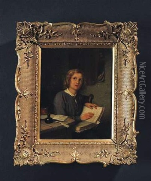 Lesender Knabe An Einem Holztisch Oil Painting - Johann Georg Meyer von Bremen