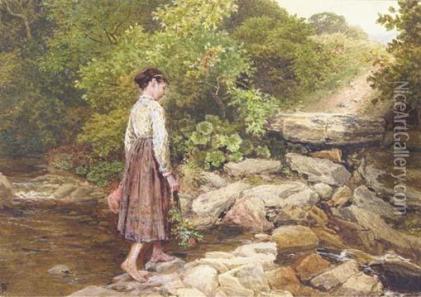 A Girl Crossing A Stream Oil Painting - Myles Birket Foster