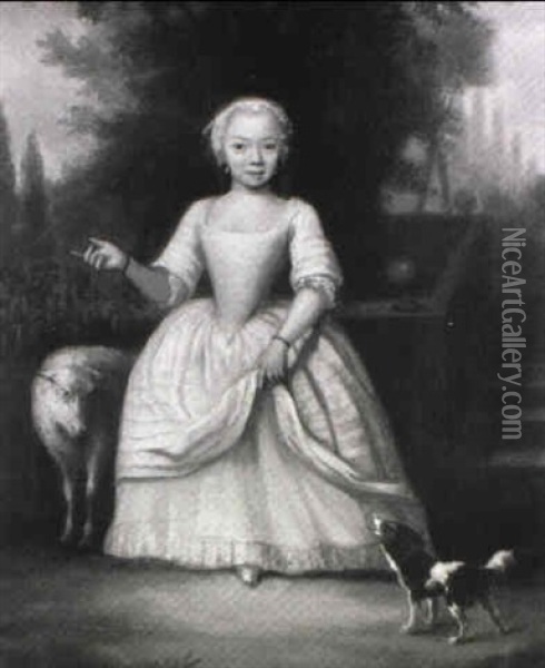 Portrait Of A Young Girl, Full Length, In A White And Pink  Dress, With A Sheep And A Dog, In A Garden Oil Painting - Jan Maurits Quinkhardt