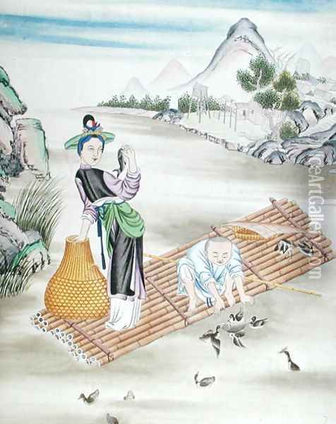 Chinese using cormorants to catch fish Oil Painting - Anonymous Artist