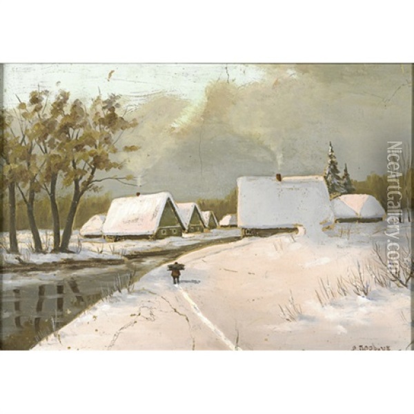 Winter Village Oil Painting - Jakov Ivanovich Brovar