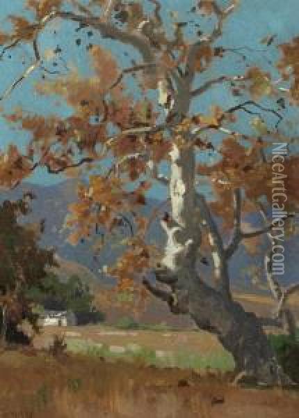 Ranch Beneath The San Gabriel Mountains Oil Painting - Elmer Wachtel
