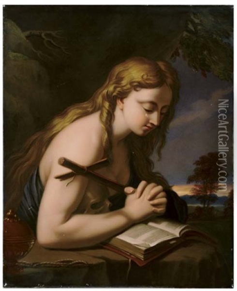 Mary Magdalene, In Prayer At A Rock Reading The Bible And Weeping, Her Hands Clasped Together, Holding A Wooden Crucifix, A Skull Tucked Under Her Right Arm, An Incense Burner Beside Her On The Rock Oil Painting - Henry Bone