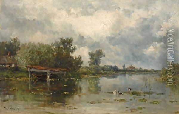 A Boathouse In A Polder Landscape Oil Painting - Willem Roelofs