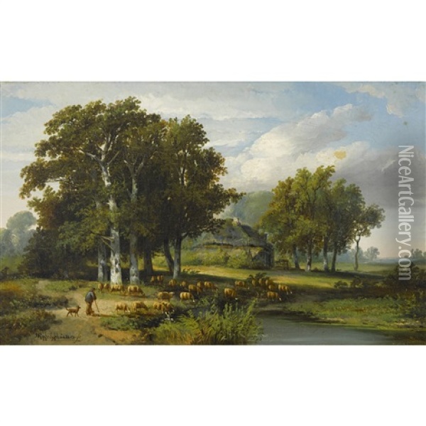 Weidende Schafe Am Weiher Oil Painting - Hermanus Jan Hendrik Rijkelijkhuysen