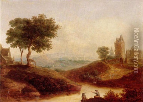 A River Landscape With Figures Fishing Before A Castle Oil Painting - Christian Georg Schuetz the Younger