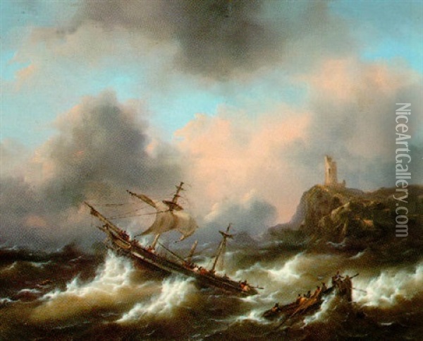 Ships In Rough Seas Off Coast Oil Painting - Govert Van Emmerik