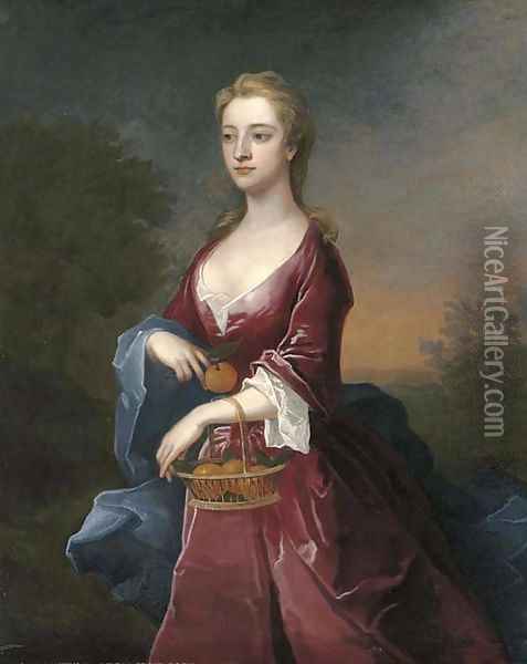 Portrait of the Hon. Mary Digby, three-quarter-length, in a maroon dress and blue wrap, holding a basket of oranges on her left arm Oil Painting - Charles Jervas