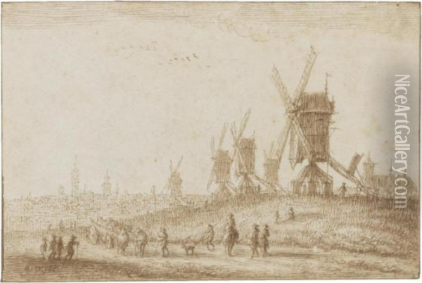 Travelers On A Road By Windmills And A Distant View Of Antwerp Oil Painting - Gillis Neyts