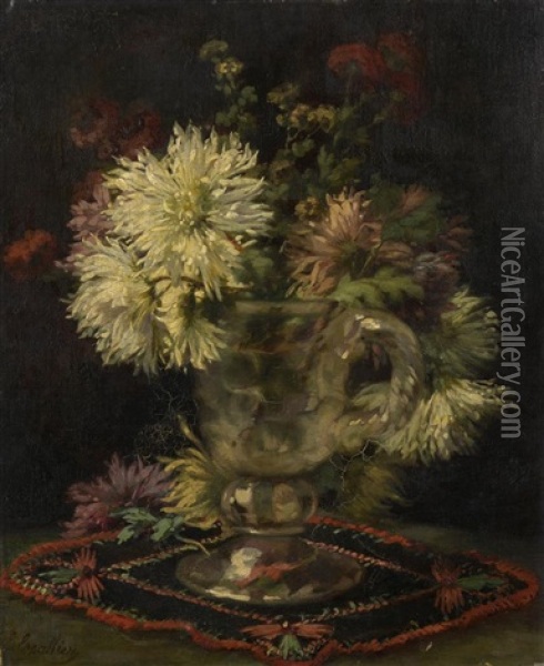 Vase De Chrysanthemes Sur Un Napperon Brode Oil Painting - Eleonore Escallier