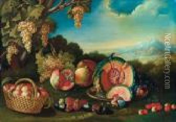 Natura Morta Di Frutta Su Paesaggio Oil Painting - Maximillian Pfeiler