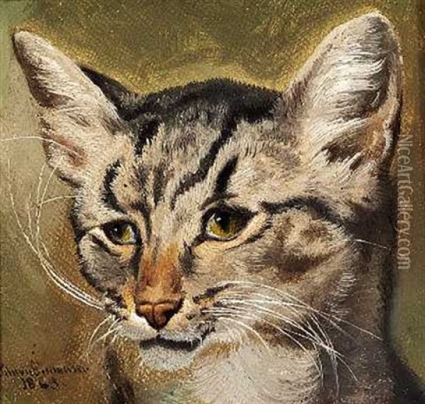En Grastribet Kat Oil Painting - Simon Simonsen