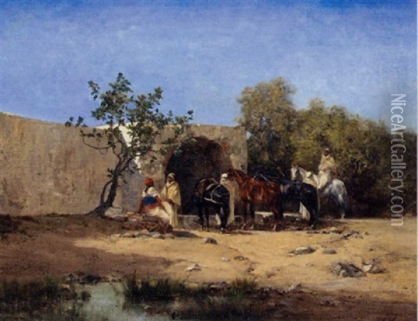 Arabian Figures And Horses At The Well Oil Painting - Victor Pierre Huguet