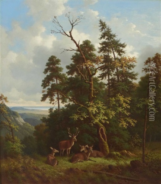 Rotwild Auf Einer Waldlichtung In Vorgebirgslandschaft Oil Painting - Wilhelm Reinhardt