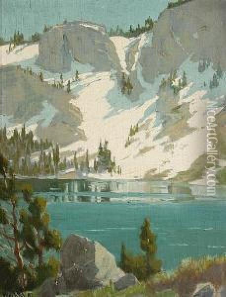 Snowy Slope By Water's Edge, 
Sierra Nevada;snow-covered Peaks And Pines Beside A Lake, Sierra Nevada Oil Painting - Elmer Wachtel