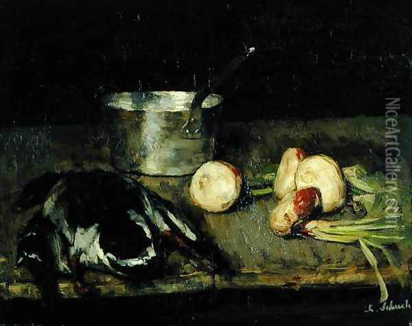 Still life with casserole and wild duck, 1885 Oil Painting - Carl Schuch