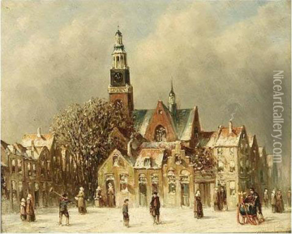 A Town Scene In Winter, Maassluis Oil Painting - Pieter Gerard Vertin