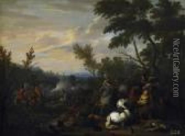 Two Paintings. A) Cavalry Battle
 In A River Landscape. Denoted With Stock Number Below Right: 421 Oil Painting - August Querfurt