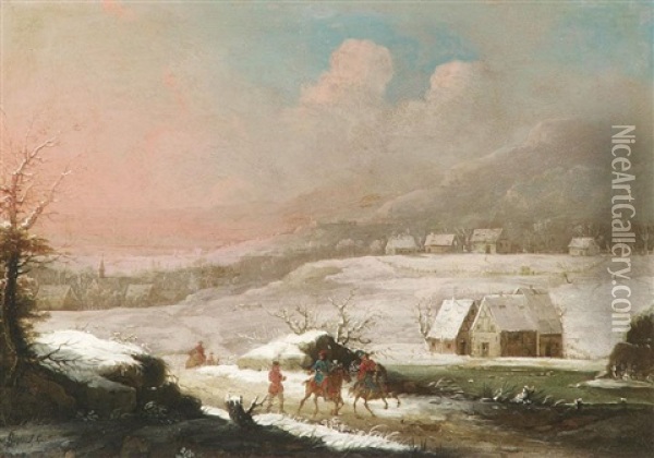 Winterlandschaft Mit Reitern Vor Dem Dorf Oil Painting - Peter Von Bemmel