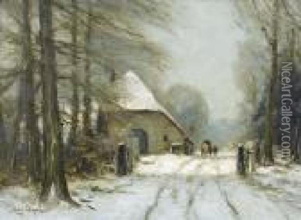 Winterlandschaft Mit Waldweg Und Gehoft. Oil Painting - Louis Apol