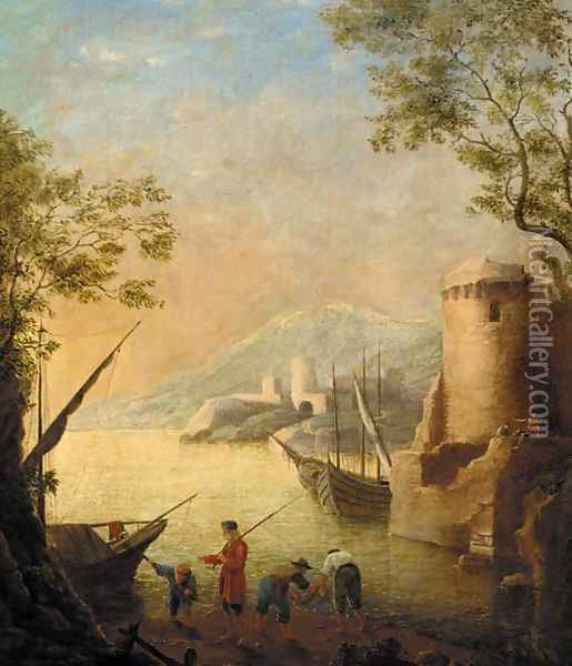 A harbour at sunset with fishermen by the shore Oil Painting - Claude Lorrain (Gellee)