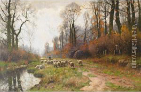 Shepherd And His Flock On A Country Lane Oil Painting - Petrus Paulus Schiedges