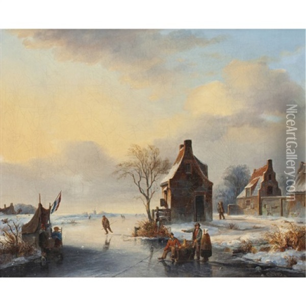 Skaters On A Frozen Lake Oil Painting - Christoffel Albertus Vos