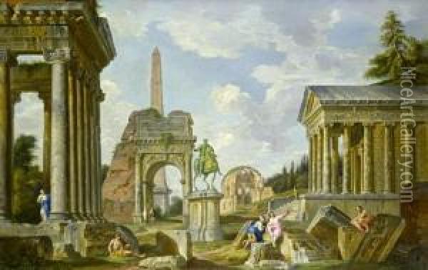 With The Temple Of Saturn, The 
Arch Of Titus, The Temple Of Minerva Medica And The Temple Of Fortuna 
Virilis Oil Painting - Giovanni Niccolo Servandoni