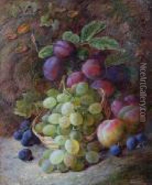 Still Life Of Grapes And Plums On A Mossy Bank Oil Painting - Vincent Clare
