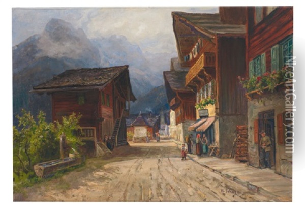 Blick In Die Dorfstrase Von Champery Im Wallis An Einem Sommertag Oil Painting - Hermann Schnee