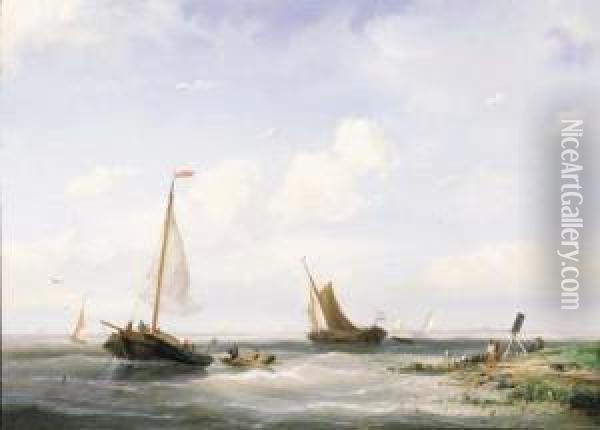 Sailing Vessels Off An Estuary Oil Painting - Nicolaas Riegen
