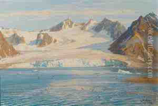 Glacier Scene On The Island Of Spitsbergen In The Arctic Ocean Oil Painting - Georg Macco