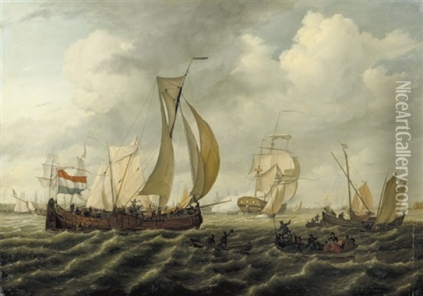 Gesigt Op Amsterdam: Sailing-freights On The Ij, With The Westertoren In The Distance, Amsterdam Oil Painting - Johannes Hermanus Koekkoek