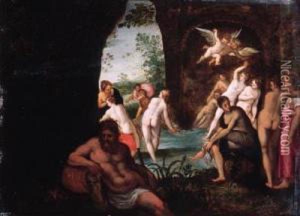 Actaeon Surprising Diana And Her Nymphs In A Grotto, A River God Inthe Foreground Oil Painting - Johann Rottenhammer